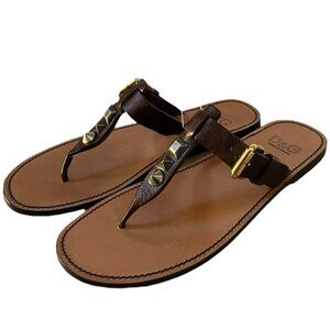 D&G Women's Brown Leather Studded Thong Sandals Made in Italy Size EUR 38.5 US 8